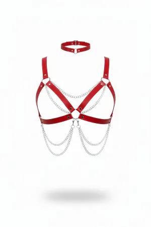 Red faux leather body harness with silver chains and matching choker
