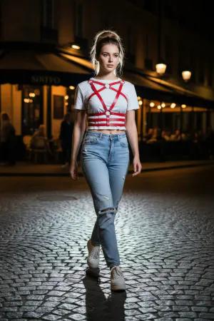 Red Vegan Leather Caged Harness with Silver O-Rings Front View