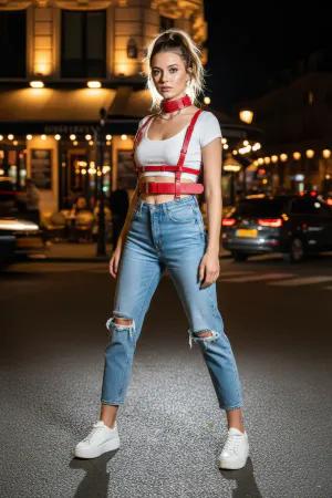 Red Vegan Leather Chest Harness Women Adjustable Buckle Straps Choker