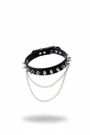 Black faux leather spiked choker with double silver chains