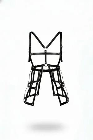 Black faux leather full body cage harness with adjustable thigh straps