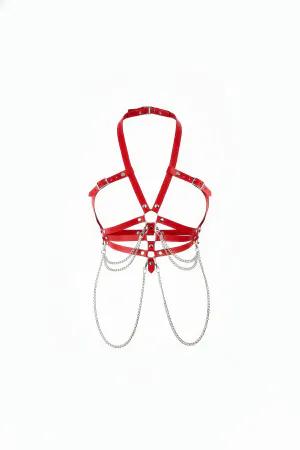 Red Faux Leather Open Bust Halter Harness with Draping Silver Chains