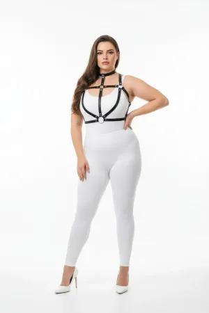 Black faux leather strappy body harness with O-ring detail and choker