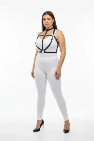 Black faux leather strappy body harness with O-ring detail and choker