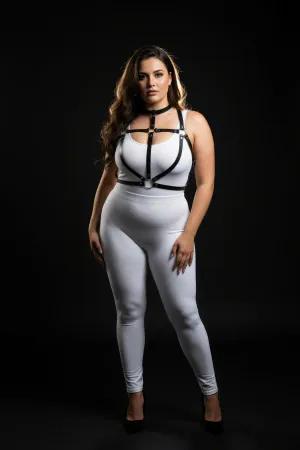Black faux leather strappy body harness with O-ring detail and choker
