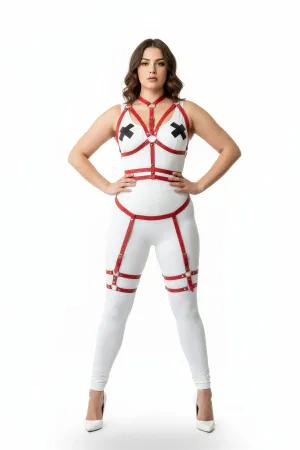 Red Vegan Leather Strappy Body Harness Set with Garter Thigh Straps