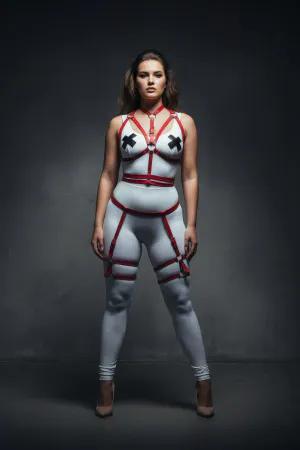 Red Vegan Leather Strappy Body Harness Set with Garter Thigh Straps