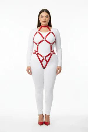 Red Faux Leather Full Body Harness Women Adjustable Straps O-Ring Chain Choker