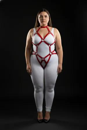 Red Faux Leather Full Body Harness Women Adjustable Straps O-Ring Chain Choker