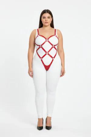 Red vegan leather full body harness with diamond strap pattern and O-ring details