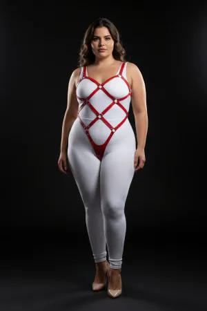 Red vegan leather full body harness with diamond strap pattern and O-ring details