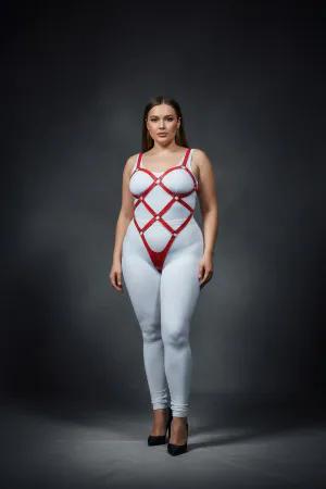 Red vegan leather full body harness with diamond strap pattern and O-ring details