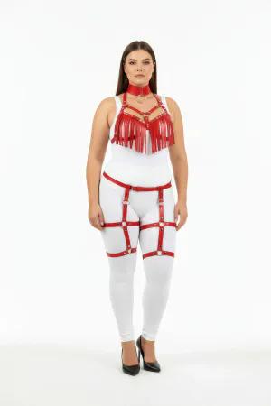 Red Faux Leather Fringe Harness Bra and Garter Set Front View
