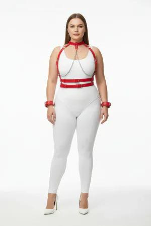 Red Faux Leather Chest Harness and Collar Set with Chain for Women Plus Size