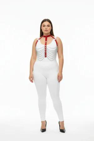 Red faux leather body harness with cascading silver chains, worn by a model.