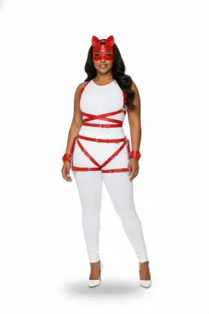 Red Faux Leather Full Body Strap Harness Set worn by a plus-size model on a white background