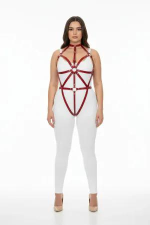 Red Vegan Leather Strappy Body Harness with O-Ring Detail