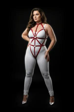 Red Vegan Leather Strappy Body Harness with O-Ring Detail
