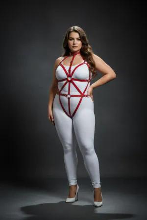 Red Vegan Leather Strappy Body Harness with O-Ring Detail