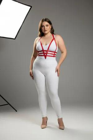 Red faux leather body harness with adjustable straps worn by a plus size model
