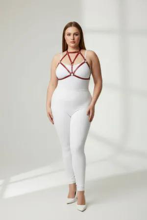Red faux leather body harness with O-ring detail and adjustable straps