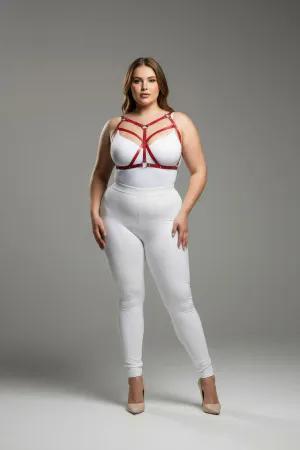 Red faux leather strappy body harness on a plus-size model