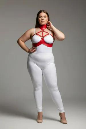 Red faux leather collar and chest harness set worn by a plus-size model.