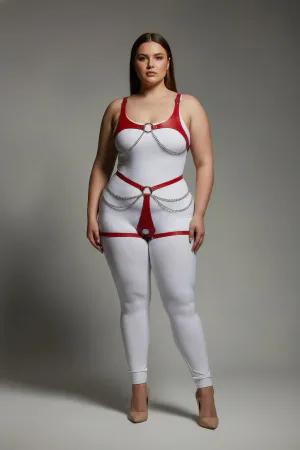 Red Faux Leather Body Harness with Silver O-Rings and Draping Chains Worn on Plus Size Model