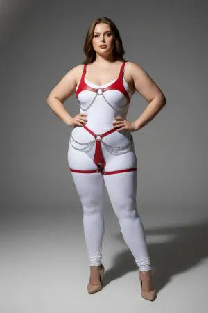 Red Faux Leather Body Harness with Silver O-Rings and Draping Chains Worn on Plus Size Model