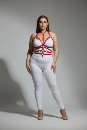 Red faux leather full body harness with adjustable straps and O-ring details