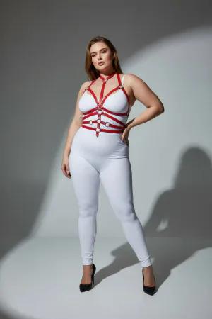 Red faux leather full body harness with adjustable straps and O-ring details