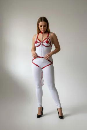 Red Faux Leather Full Body Harness with Detachable Chain and Garter Straps