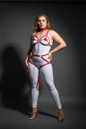 Red Faux Leather Full Body Harness with Detachable Chain and Garter Straps