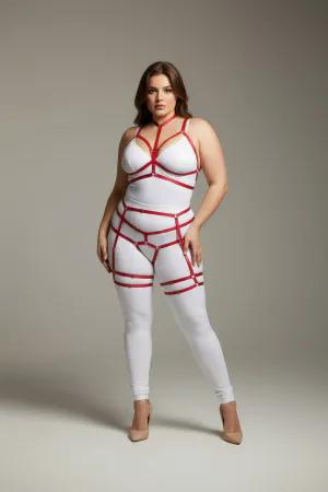 Red Faux Leather Full Body Harness for Women with Strappy Leg Garters Adjustable Fit