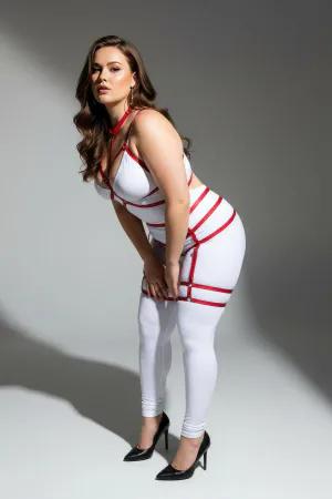 Red Faux Leather Full Body Harness for Women with Strappy Leg Garters Adjustable Fit