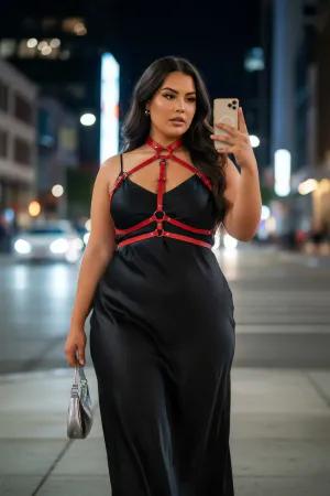 Red Faux Leather Chest Harness for Women worn over embroidered dress