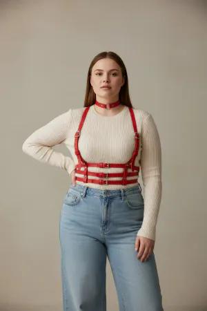 Red Vegan Leather Caged Underbust Harness with Choker on Plus-Size Model
