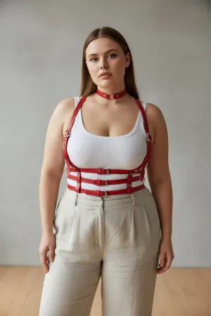 Red Vegan Leather Caged Underbust Harness with Choker on Plus-Size Model