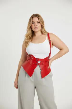 Red Faux Leather Waspie Corset Harness Women Adjustable Straps