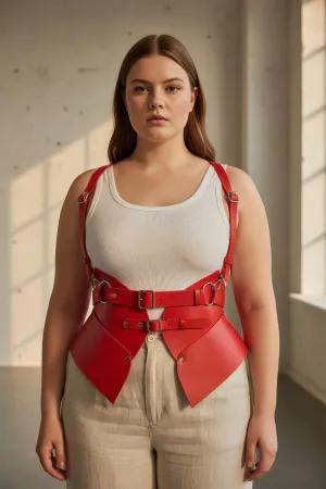 Red Faux Leather Waspie Corset Harness Women Adjustable Straps