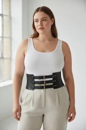 Black Faux Leather Wide Waist Harness Triple Buckle Design