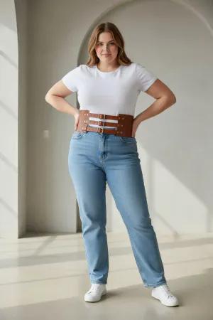 Tan Vegan Leather Three-Buckle Wide Waist Cinch Harness Belt Worn Over White Top