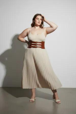 Tan Vegan Leather Three-Buckle Wide Waist Cinch Harness Belt Worn Over White Top