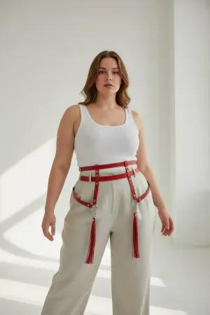 Red Faux Leather Waist Harness with Tassel Thigh Straps Adjustable