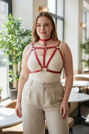 Red Vegan Leather Chest Harness with Choker O-Rings Adjustable Straps