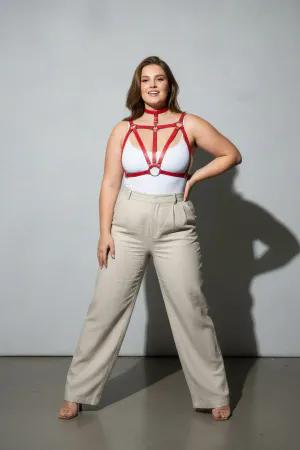 Red Vegan Leather Chest Harness with Choker O-Rings Adjustable Straps