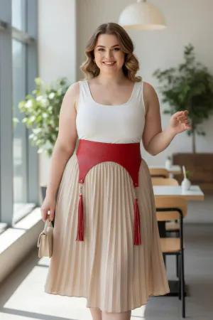 Red Faux Leather Waist Harness Belt with Tassels on Plus Size Model