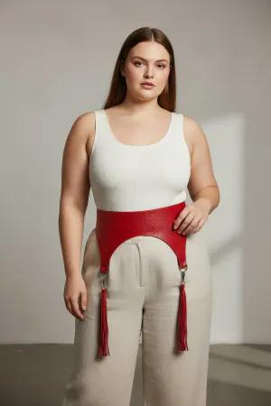 Red Faux Leather Waist Harness Belt with Tassels on Plus Size Model