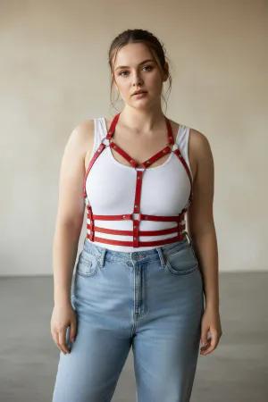 Red Faux Leather Strappy Chest Waist Body Harness for Women