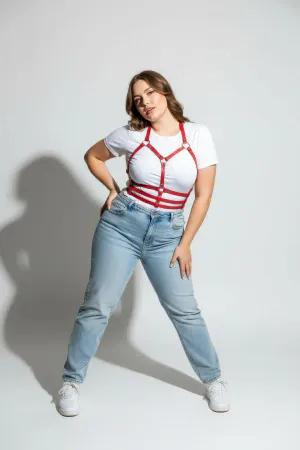 Red Faux Leather Strappy Chest Waist Body Harness for Women